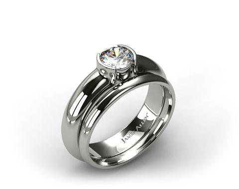 Platinum 5.4mm Half-Bezel Solitaire Ring & 2mm Plain Wedding Band